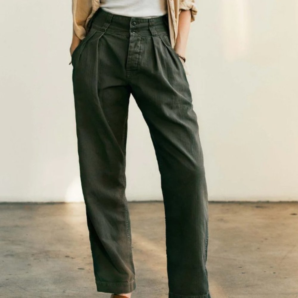 High-Waist Pleated Wide-Leg Pants - Olive Green